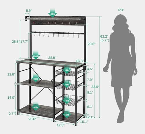 Gray Oak Large Bakers Rack with Power Outlets, 38.8 Inches, 15 Hooks, 3 Wire Baskets