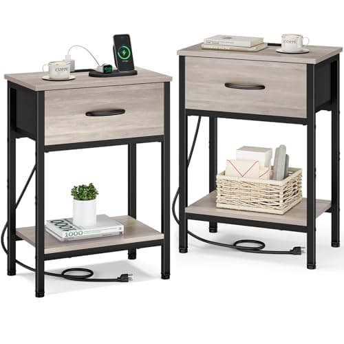 Vagusicc Charging Nightstand Set, Black, 25.4" Tall, Bedside Table with Storage