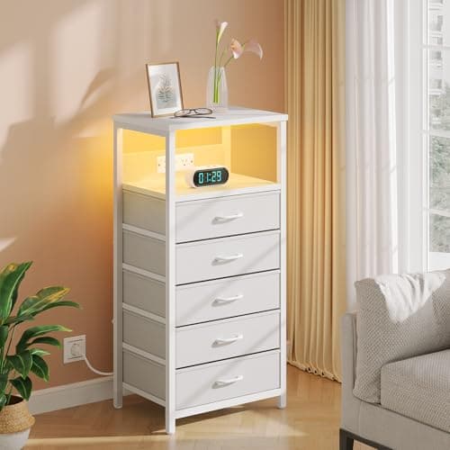 White Nightstand with 5 Fabric Drawers & Charging Station