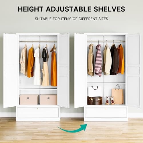 White Metal Armoire Wardrobe with Drawer & Rod, Adjustable Shelves