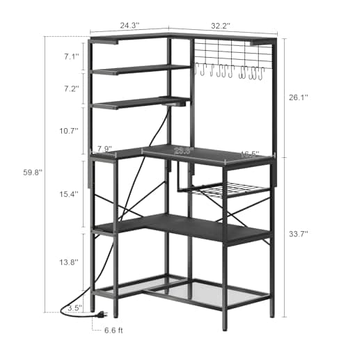 Black L-Shaped Bakers Rack with Power Outlet & Mesh Grid
