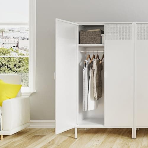 White Metal Storage Wardrobe 71''H with Rod & Adjustable Shelves for Home Office School Gym