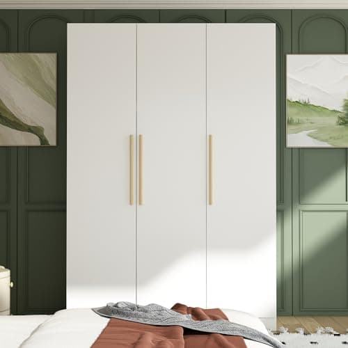 AIEGLE 3-Door Wood Wardrobe Armoire, Large Standing Closet with Shelves & Rod, White (70" H)