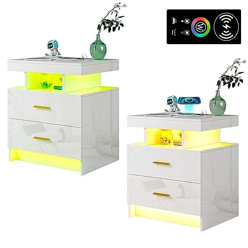 High Gloss Nightstand with USB/Wireless Charging, LED White Side Table with Storage Drawers