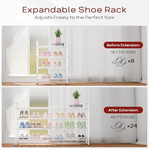 Sturdy White Metal 4-Tier 18"-44" Adjustable Shoe Rack, Stores 20-24 Pairs