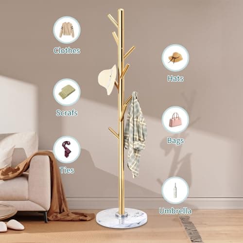 Golden Solid Stainless Steel Coat Rack with 8 Hooks and Natural Marble Base