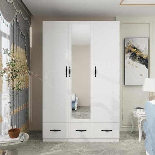 White Large Wood Armoire Wardrobe with 4 Doors 2 Drawers Shelves Hanging Rails