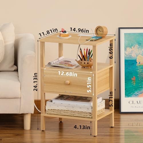 Lerliuo 3-Tier Nightstand with Charging Station - Natural Wood