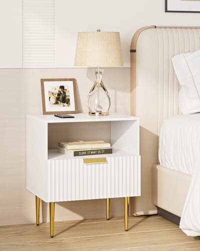 Mid Century Modern Gold Frame Nightstand with Drawer & Shelf, White Bedrooms & Living Room Dresser