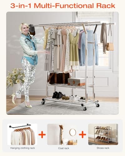 Heavy Duty Silver Portable Rolling Clothing Rack, Adjustable for Home & Commercial