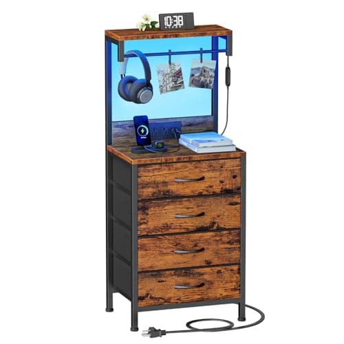 Furnulem Black Oak Tall Nightstand with Charging & LED Lights