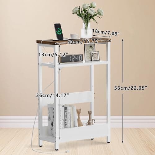 IBUYKE Narrow Side Table Set of 2 with Charging Station, White and Brown UTMZ006W-2