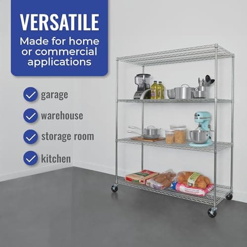 NSF Certified Heavy Duty Wire Shelf - Silver, 24"x60"x72" 4-Tier with Wheels