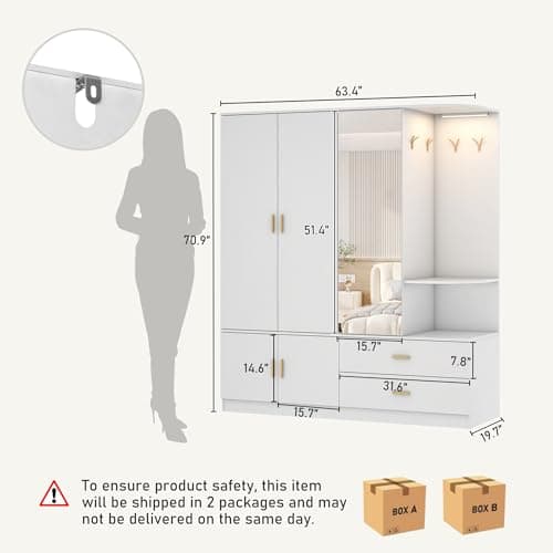 XVD Modern White Wardrobe Closet with Mirror & Sensor Light, 5 Doors & 2 Drawers