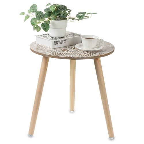 Hanobe Boho White Washed Side Table Set of 2 for Living Room and Bedroom