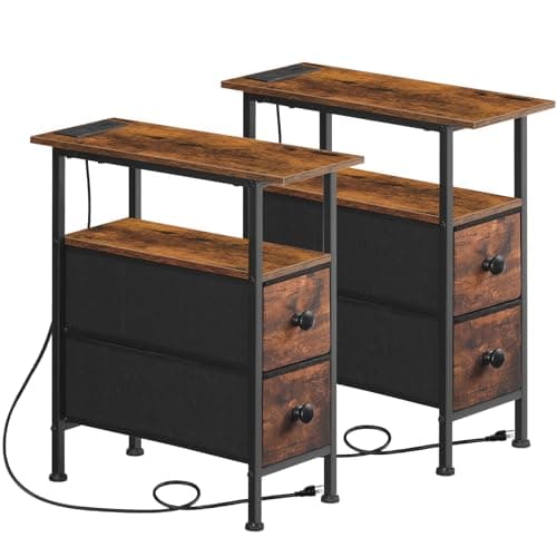 HOOBRO Adjustable End Table with Charging Station, Rustic Brown & Black, BF486UBZP201