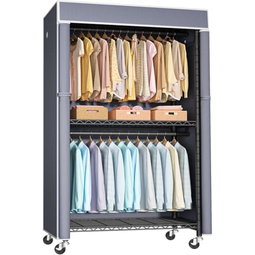 P1C Rolling Metal Closet Rack with Cover, Black, 450LB Load Capacity