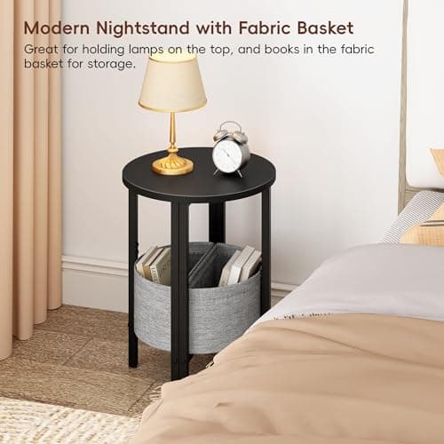 Vagusicc Small Round End Table with Fabric Basket, Set of 2