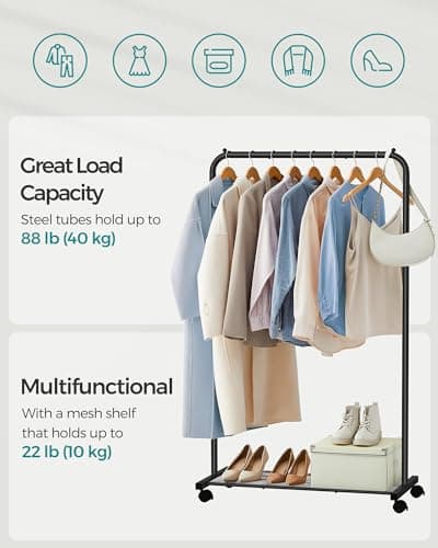 SONGMICS 25.4 mm Metal Coated Clothes Rack with Dense Mesh Shelf, 110 lb Capacity, 2 Brakes, Black