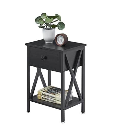 VECELO Modern Bedside Table with Drawer & Shelf, Industrial Metal Frame