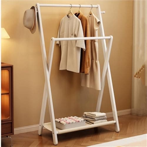 White Foldable Solid Wood Double Rod Clothes Hanger, 81.5cmStorage Rack