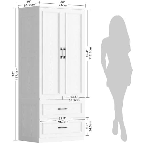 LIKIMIO 70 Wooden Wardrobe Closet with 2 Doors & 2 Drawers - Freestanding White Design for Bedroom