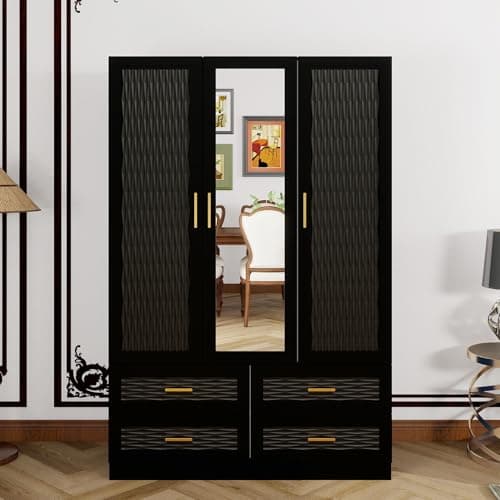 White Large Wood Armoire Wardrobe with 4 Doors 2 Drawers Shelves Hanging Rails