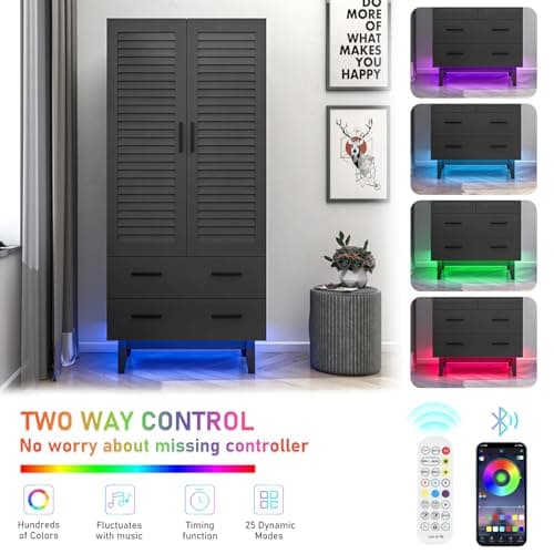 Black 2 Door Armoire Wardrobe with Drawers & LED Lights