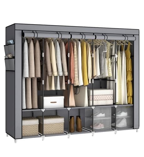 83 Inch Wide Portable Closet Wardrobe with Cover, Hanging Rods & Shelves, Grey