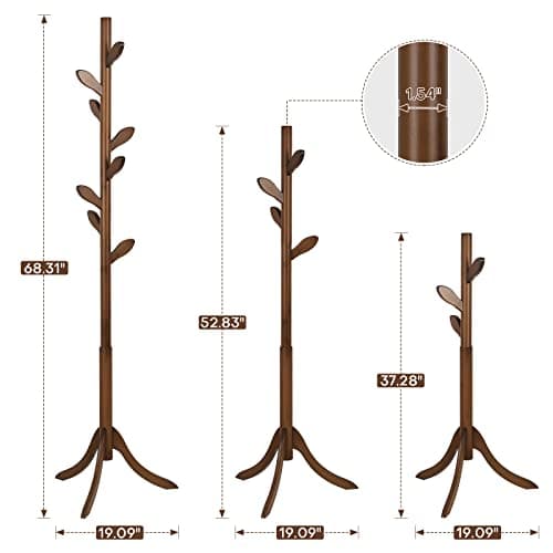 Vintage Brown Freestanding Coat Rack with 8 Hooks, 3-Size Adjustable for Entryway and Bedroom