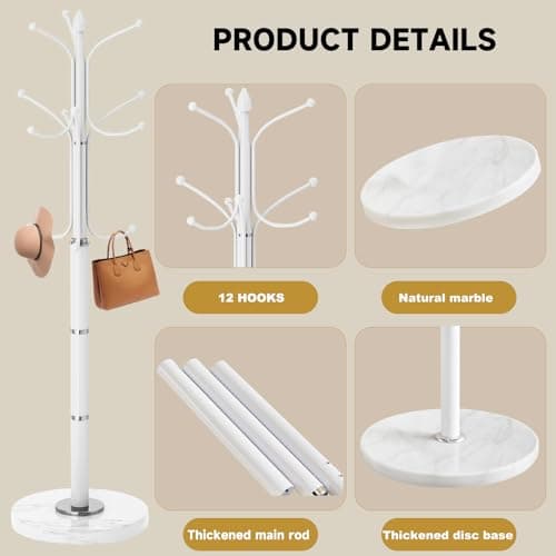 Sturdy Modern Metal Coat Rack Stand with 12 Hooks & Natural Marble Base