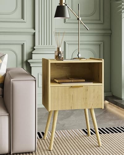 Yellow Oak Modern Nightstand with Storage Drawer & Wood Shelf