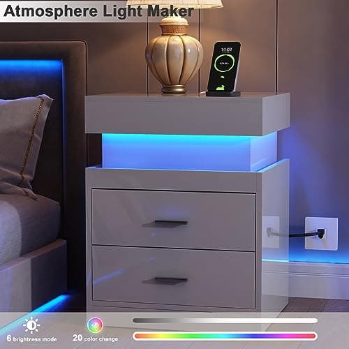 ChooChoo Smart Nightstand with Charging, Sliding Top Storage, 2-Drawers, Modern Bedside Table, White