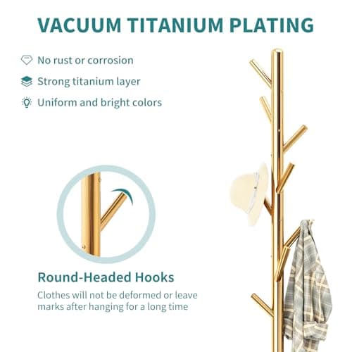 Golden Solid Stainless Steel Coat Rack with 8 Hooks and Natural Marble Base