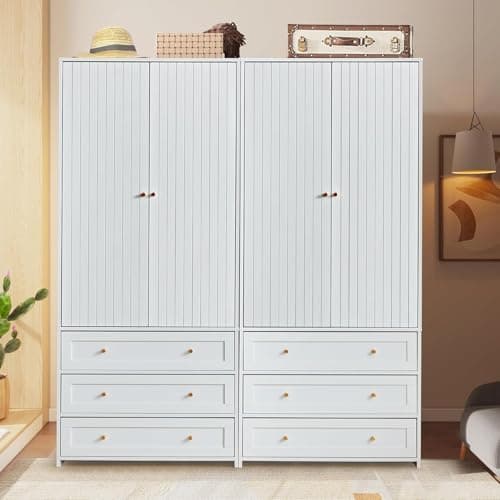 71" Wooden Wardrobe Armoire with 4 Doors & 6 Drawers for Bedroom Storage