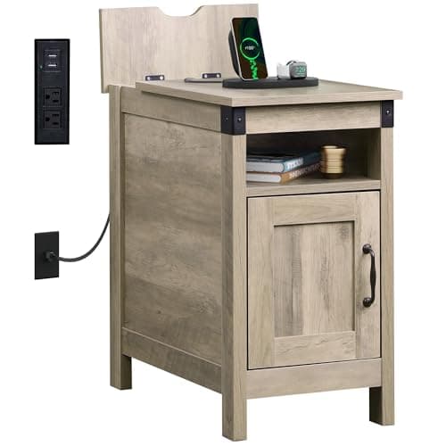 WLIVE Greige Farmhouse End Table Set with Charging Station