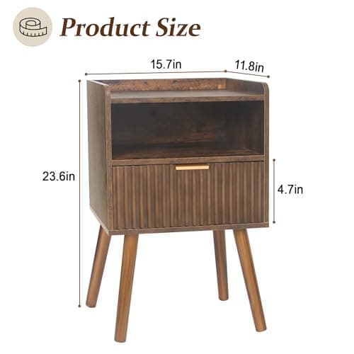 AWASEN Mid Century Modern Nightstand, Fluted Drawers, Rustic Brown for Living Room & Bedroom