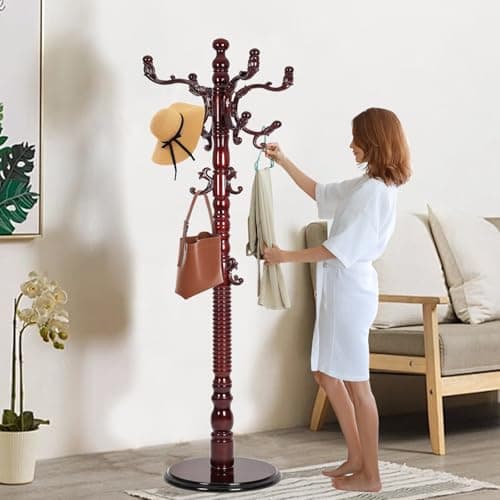 Modern Solid Wooden Coat Rack, 11 Hooks, Natural Birch, 330 lbs Capacity