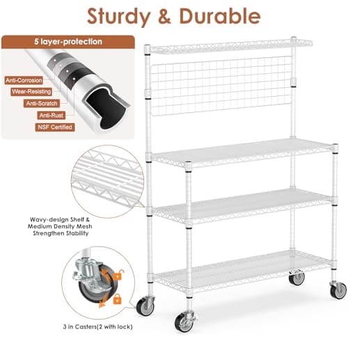 Leteuke 42-Inch 4-Tier Microwave Stand with Storage & Wheels, White