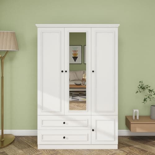 White Large Wood Armoire Wardrobe with 4 Doors 2 Drawers Shelves Hanging Rails