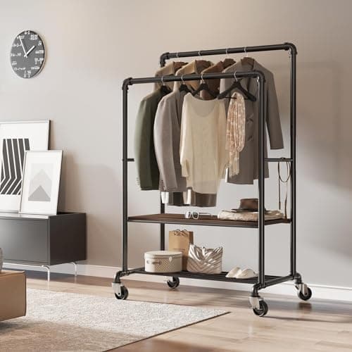 GREENSTELL 39 Inch Sturdy Garment Rack with Double Rods & Shelves (400lb, 62-72 Inch Adjust)