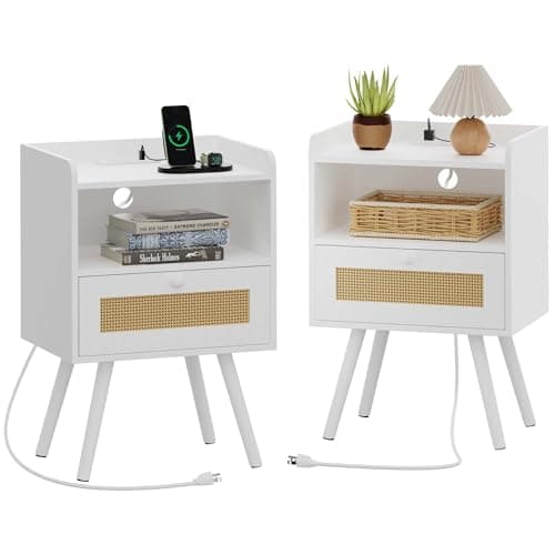 SUPERJARE Nightstands Set of 2 with Charging Station & PE Rattan Drawer, Solid Wood Feet - Natural