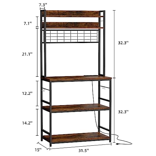 ShintenchiMetal Bakers Rack, 10 Hooks, Power Outlet, Large Storage