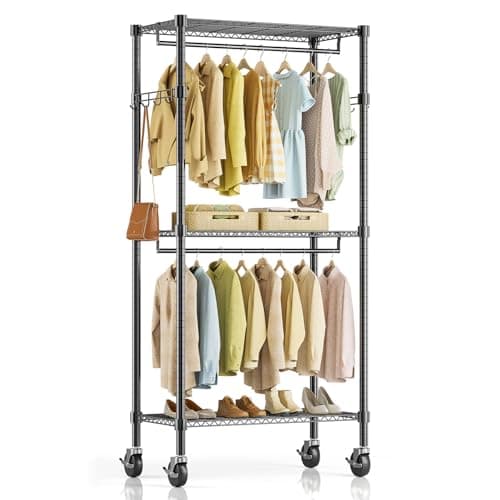 Heavy Duty Rolling Clothes Rack, 3-Shelf Black, 29.5" W x 75.6" H