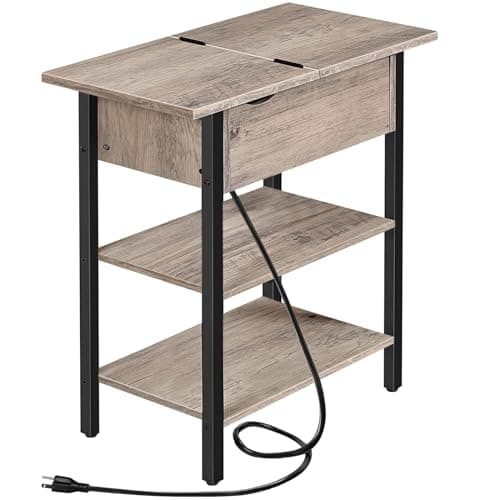 HOOBRO Flip Top Nightstand with Charging Station, Rustic Brown BF341BZP
