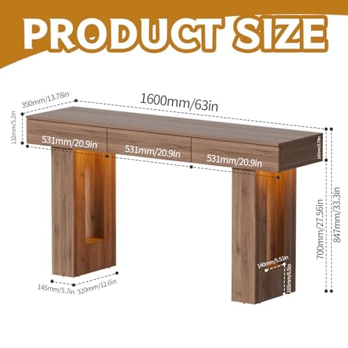 PAKASEPT Natural 63-Inch Console Table with Colorful LED Lights and 3 Drawers