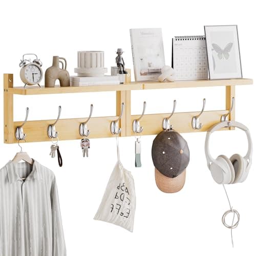 Bamboo Wall Mount Coat Rack with Shelf, 2 Pack, 8 Hooks (Natural)