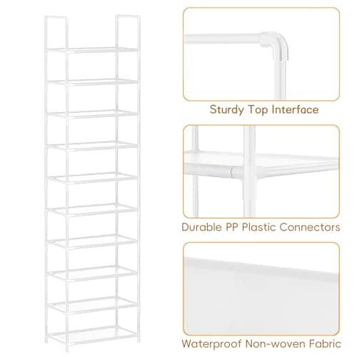 Barsone 10-Tier Shoe Organizer, Space-saving White Stand for Closets and Hallways