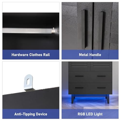 Black 2 Door Armoire Wardrobe with Drawers & LED Lights
