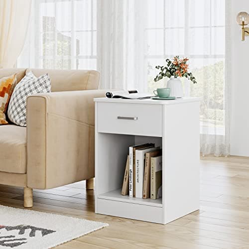Fotosok 2-Tier Bedside Table with Drawer & Storage, White